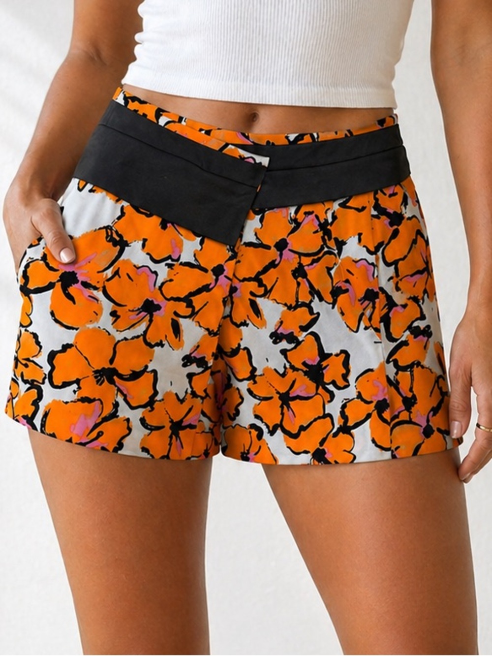 A.L.C. Silk Floral Shorts Orange Black Mid-High Rise Tailored 4